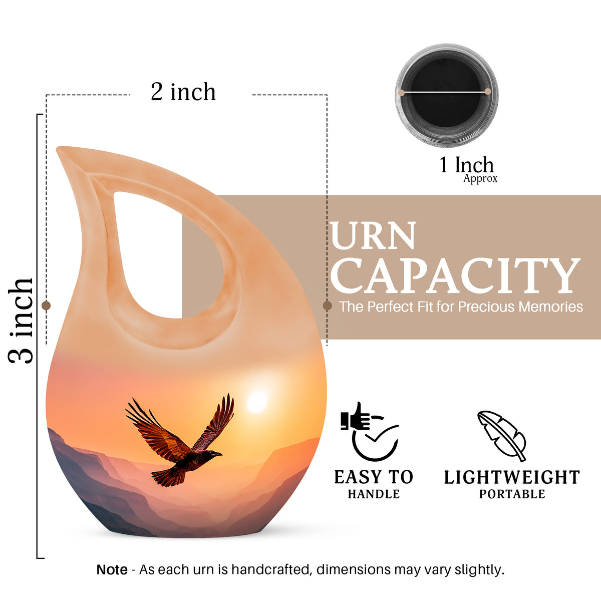 Rich Red Crow Cremation Urn back view with polished surface - faith-inspired cross-drop urn with crow pattern - mini keepsake memorial for portion of cremation ashes
