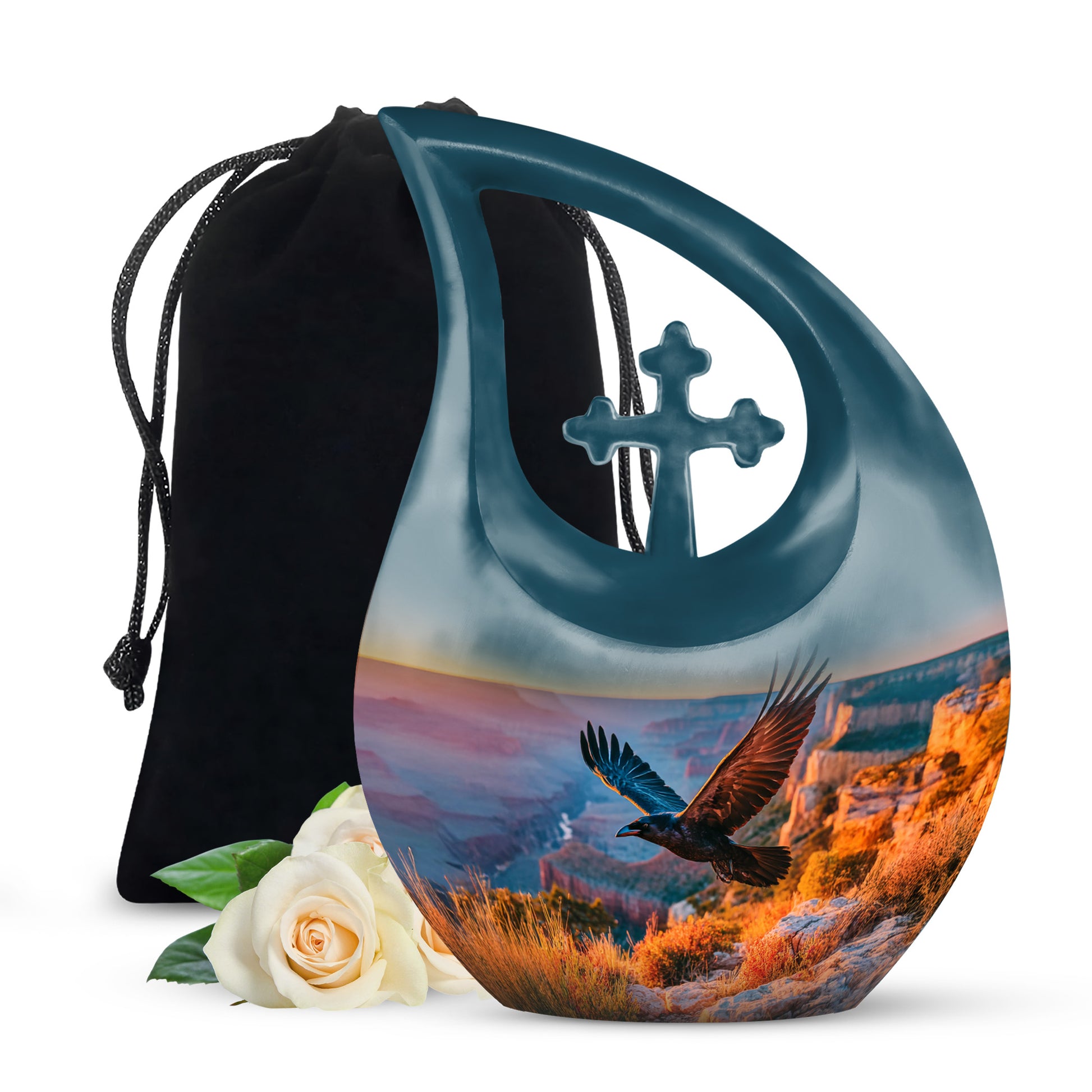 Navy Blue Crow Cremation Urn top-down view of secure threaded lid - sacred cross merged with crow motif on metal - full-size 10 inch 200 cubic inch adult cremation urn