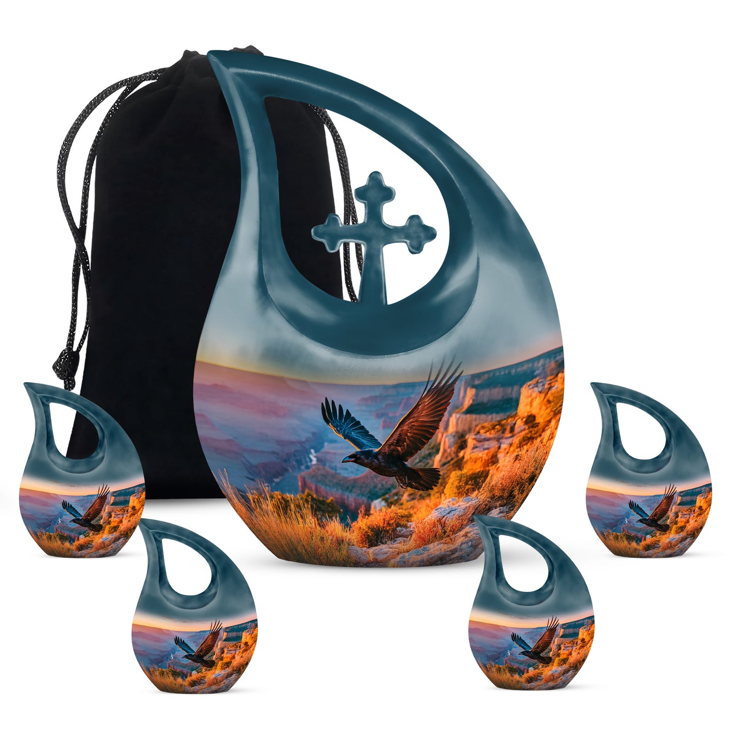 Cobalt Blue Crow Cremation Urn urn with complimentary velvet bag - faith-inspired cross-drop urn with crow pattern - memorial set with one large and four small urns