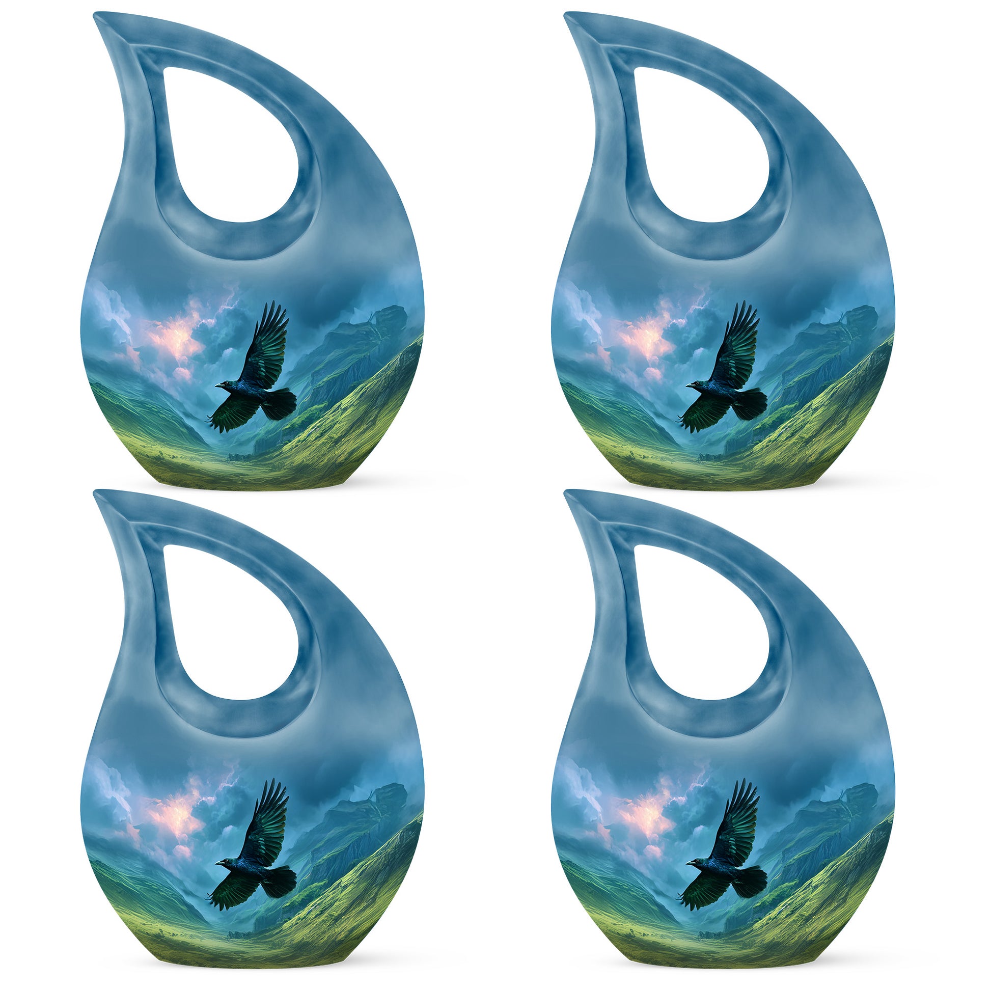 Powder Blue Crow Cremation Urn lifestyle display on memorial shelf - cross and crow combined in spiritual memorial design - 10 inch aluminum urn for cremated remains