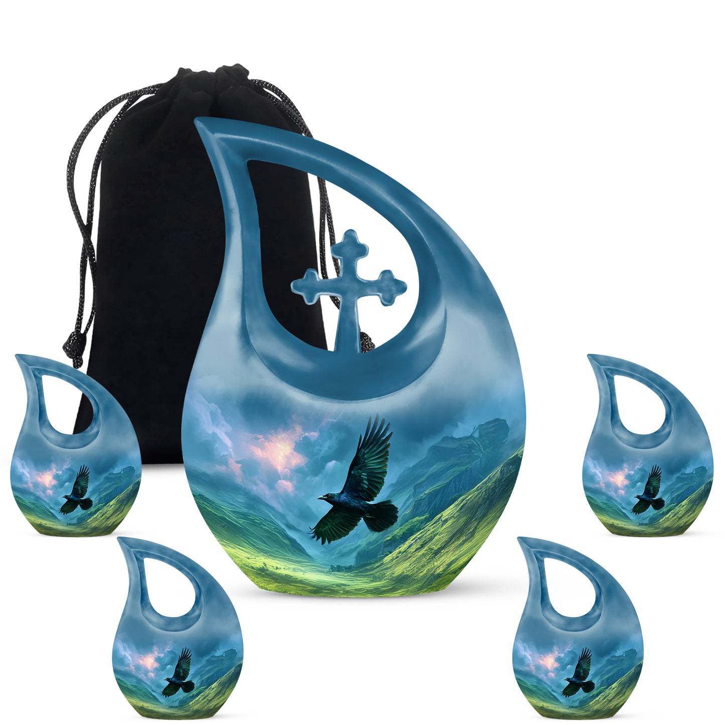 Azure Crow Cremation Urn urn with complimentary velvet bag - sacred cross merged with crow motif on metal - memorial set with one large and four small urns