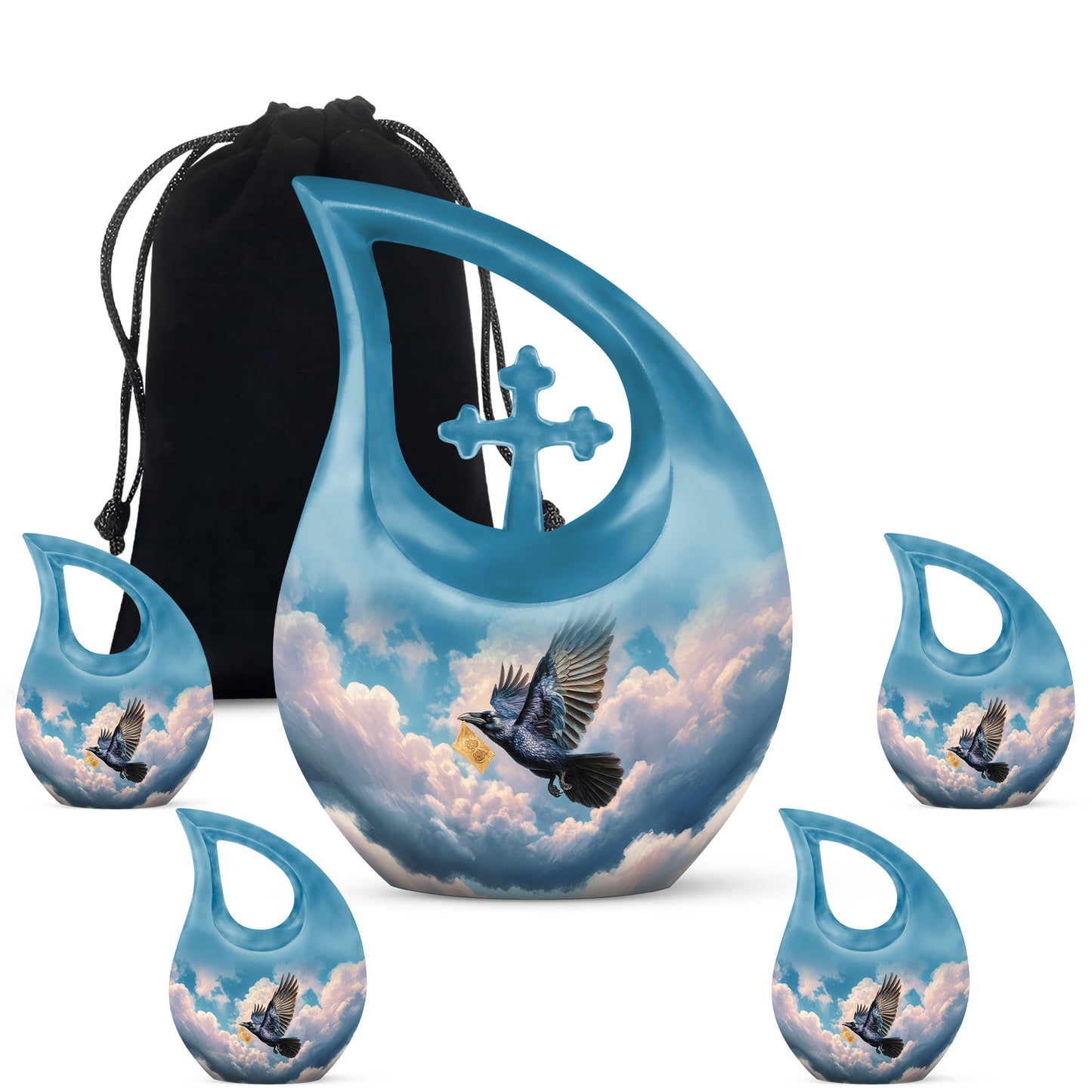 Slate Blue Crow Cremation Urn urn with complimentary velvet bag - cross and crow combined in spiritual memorial design - memorial set with one large and four small urns