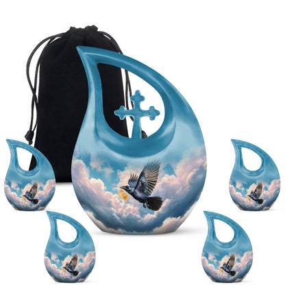 Slate Blue Crow Cremation Urn urn with complimentary velvet bag - cross and crow combined in spiritual memorial design - memorial set with one large and four small urns