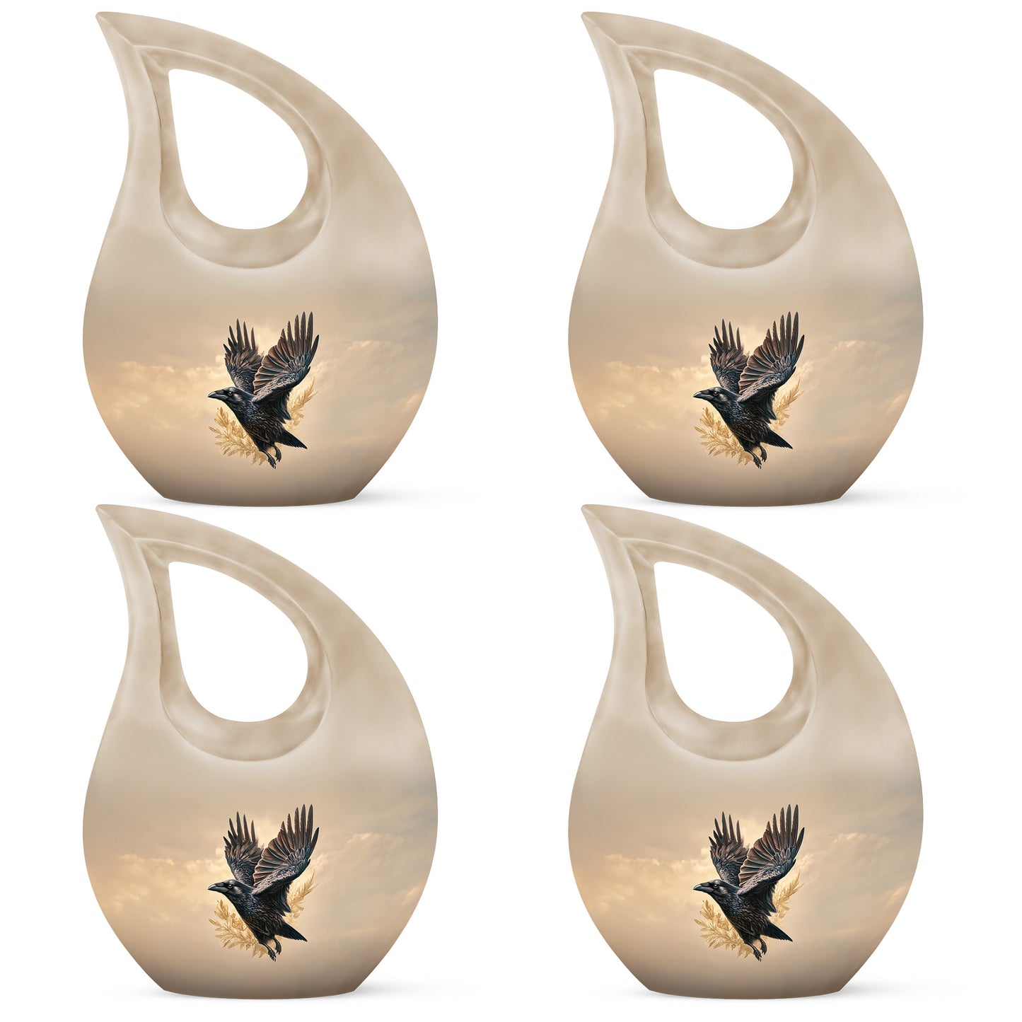 Harvest Gold Crow Cremation Urn lifestyle display on memorial shelf - devotional cross-drop crow engraving - 10 inch aluminum urn for cremated remains