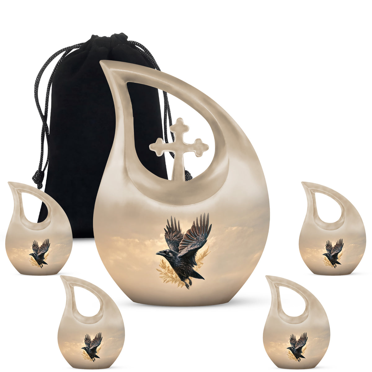 Matte Gold Crow Cremation Urn urn with complimentary velvet bag - faith-inspired cross-drop urn with crow pattern - memorial set with one large and four small urns