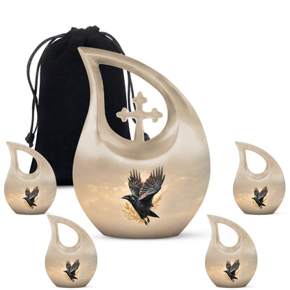 Matte Gold Crow Cremation Urn urn with complimentary velvet bag - faith-inspired cross-drop urn with crow pattern - memorial set with one large and four small urns