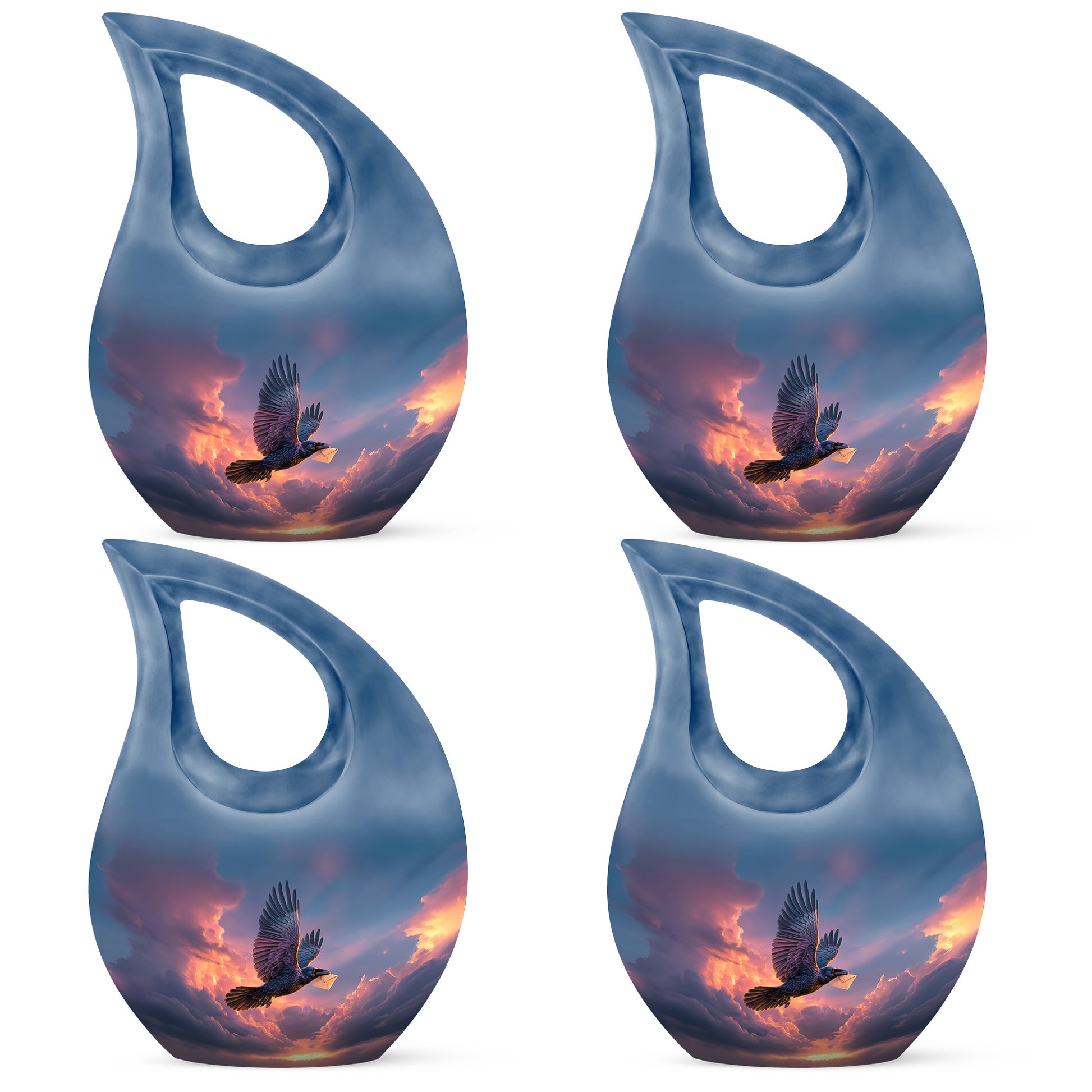 Royal Blue Crow Cremation Urn lifestyle display on memorial shelf - faith-inspired cross-drop urn with crow pattern - 10 inch aluminum urn for cremated remains