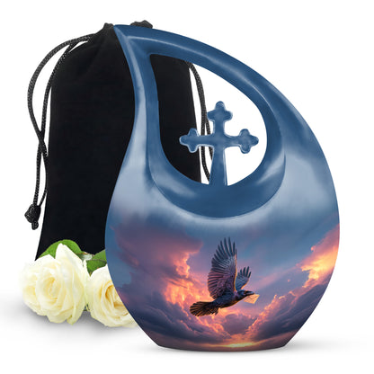Bright Blue Crow Cremation Urn top-down view of secure threaded lid - devotional cross-drop crow engraving - full-size 10 inch 200 cubic inch adult cremation urn