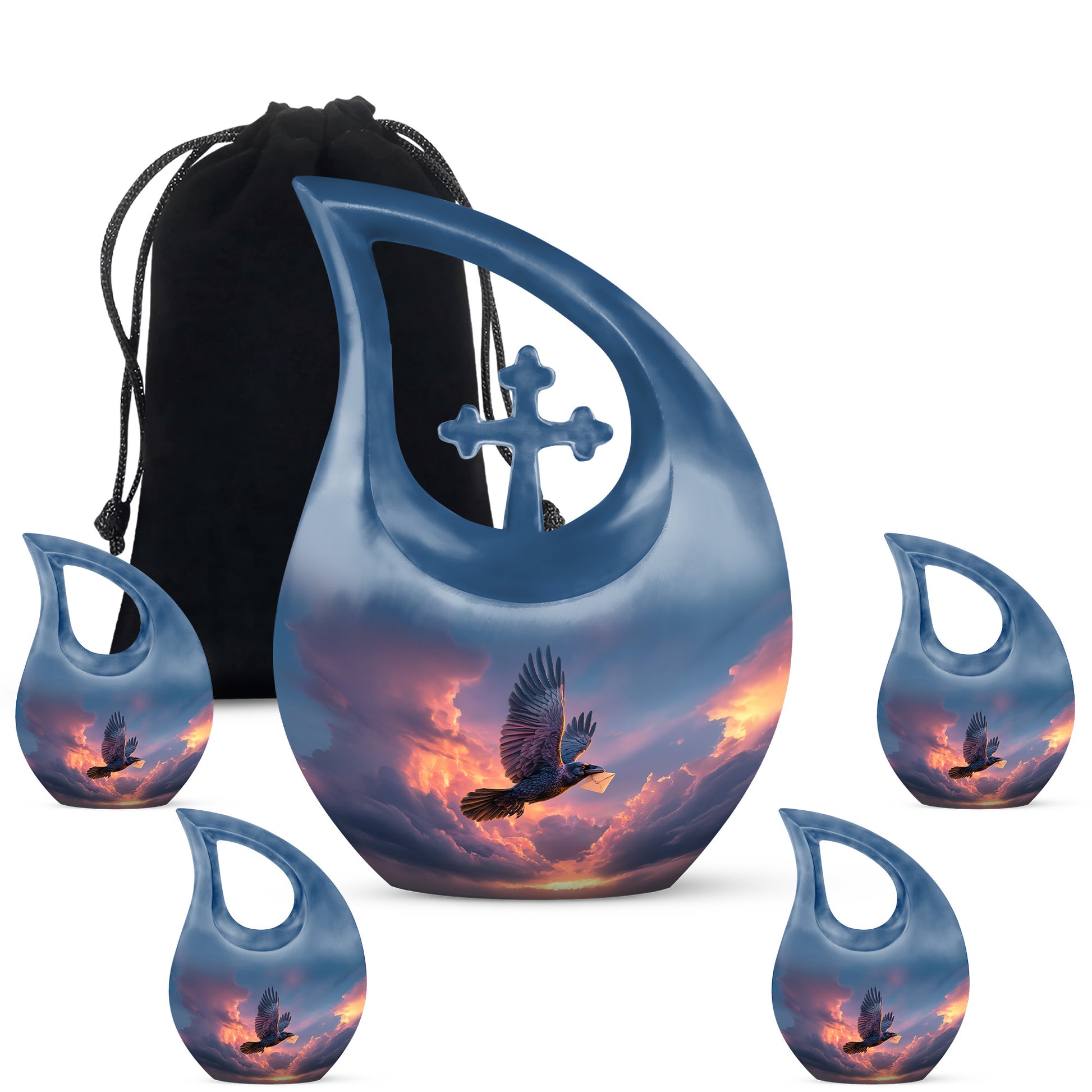 Calming Blue Crow Cremation Urn urn with complimentary velvet bag - faith-inspired cross-drop urn with crow pattern - memorial set with one large and four small urns