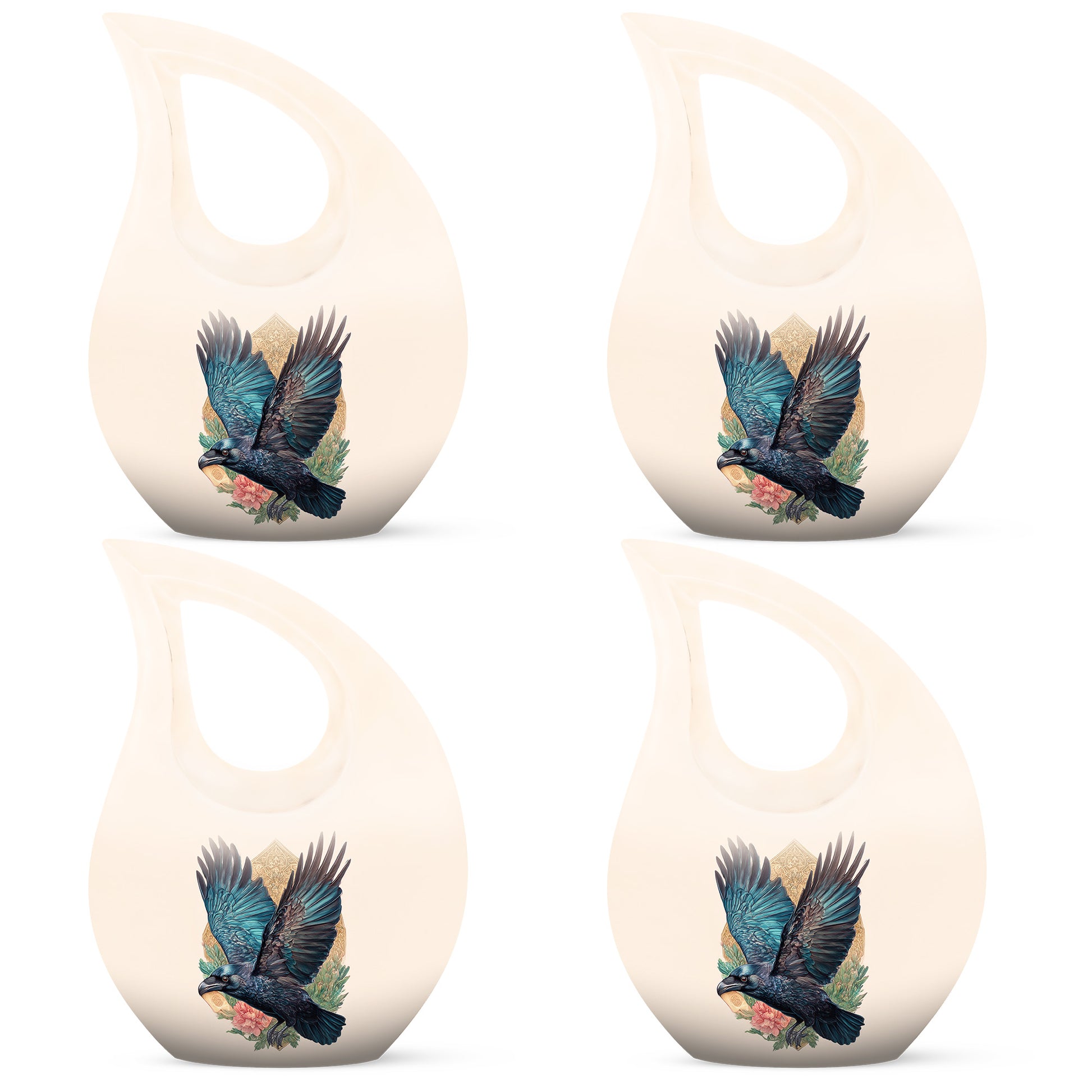 Royal Gold Crow Cremation Urn lifestyle display on memorial shelf - faith-inspired cross-drop urn with crow pattern - 10 inch aluminum urn for cremated remains