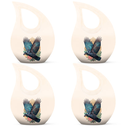 Royal Gold Crow Cremation Urn lifestyle display on memorial shelf - faith-inspired cross-drop urn with crow pattern - 10 inch aluminum urn for cremated remains