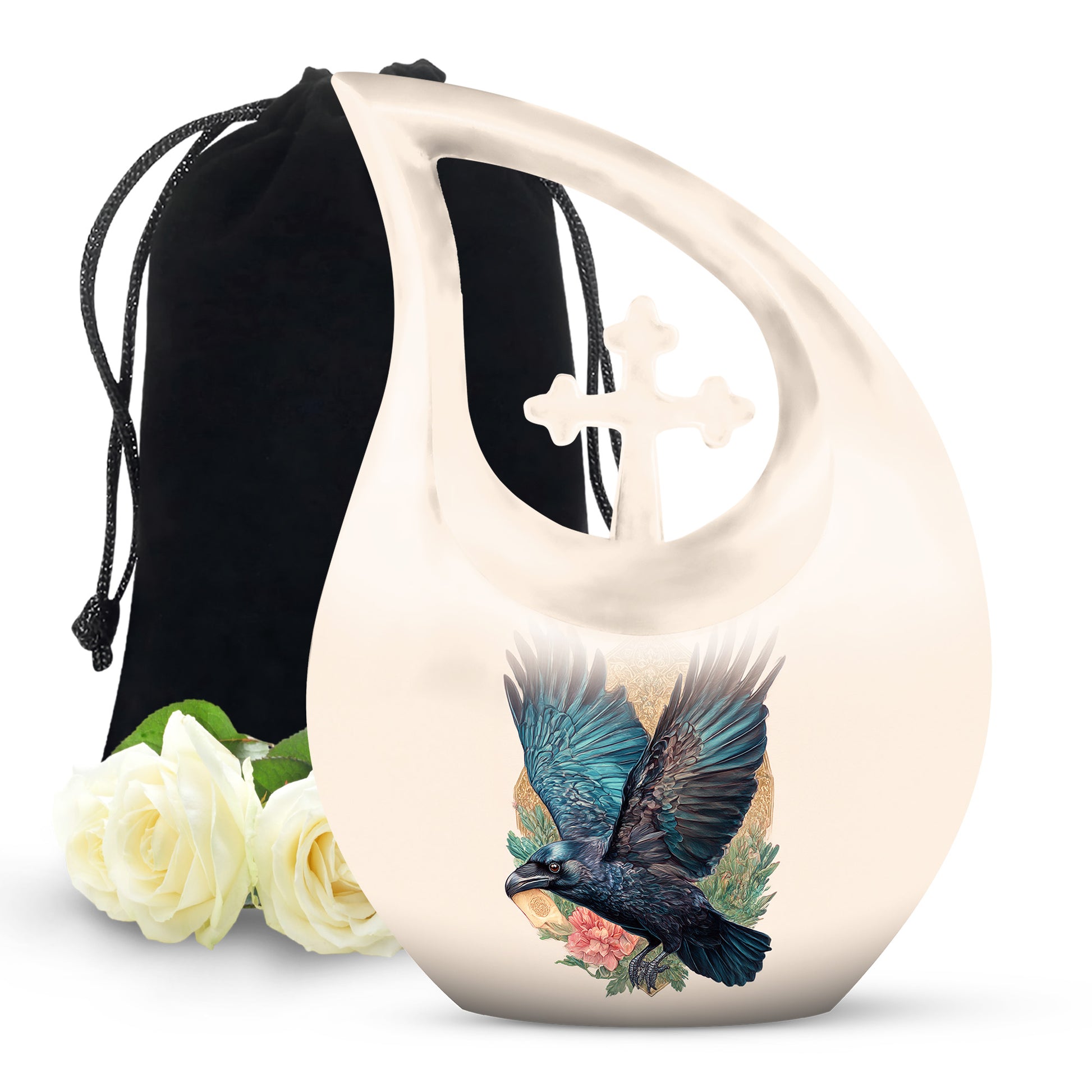 Warm Gold Crow Cremation Urn top-down view of secure threaded lid - devotional cross-drop crow engraving - full-size 10 inch 200 cubic inch adult cremation urn