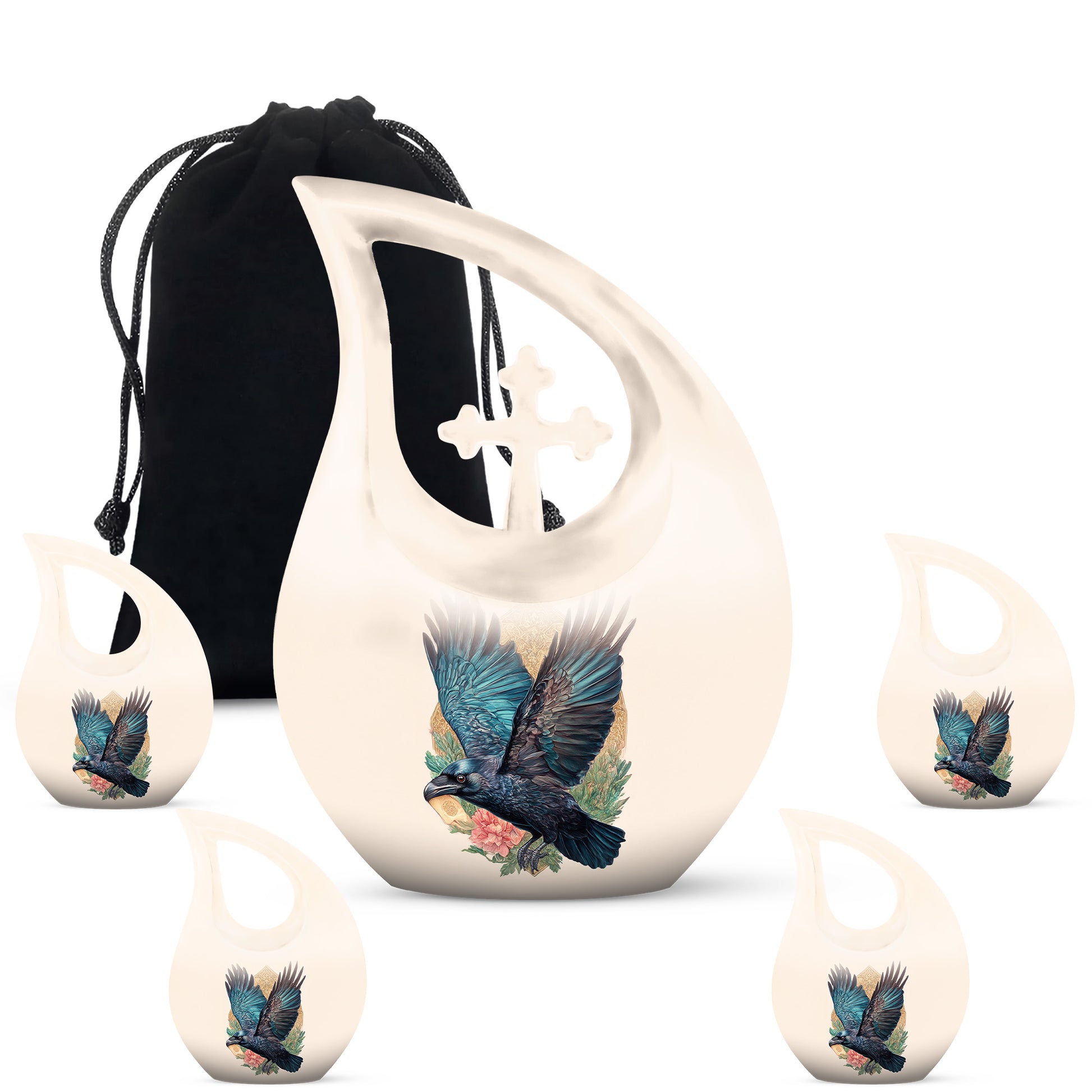 Warm Gold Crow Cremation Urn urn with complimentary velvet bag - faith-inspired cross-drop urn with crow pattern - memorial set with one large and four small urns