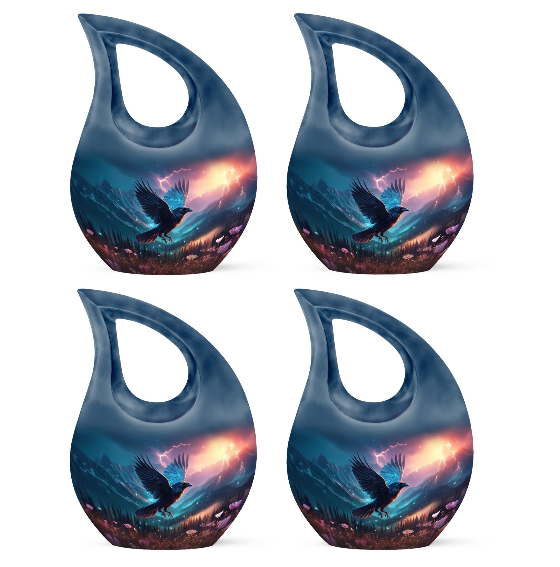 Celestial Blue Crow Cremation Urn lifestyle display on memorial shelf - cross and crow combined in spiritual memorial design - 10 inch aluminum urn for cremated remains