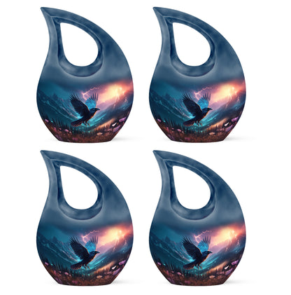 Celestial Blue Crow Cremation Urn lifestyle display on memorial shelf - cross and crow combined in spiritual memorial design - 10 inch aluminum urn for cremated remains