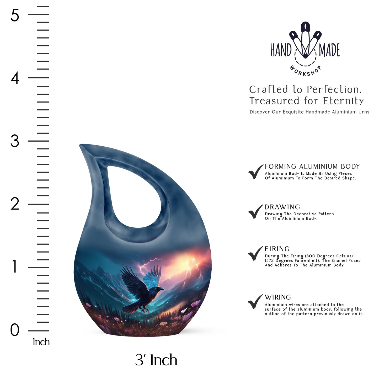 Pastel Blue Crow Cremation Urn back view with polished surface - sacred cross merged with crow motif on metal - mini keepsake memorial for portion of cremation ashes
