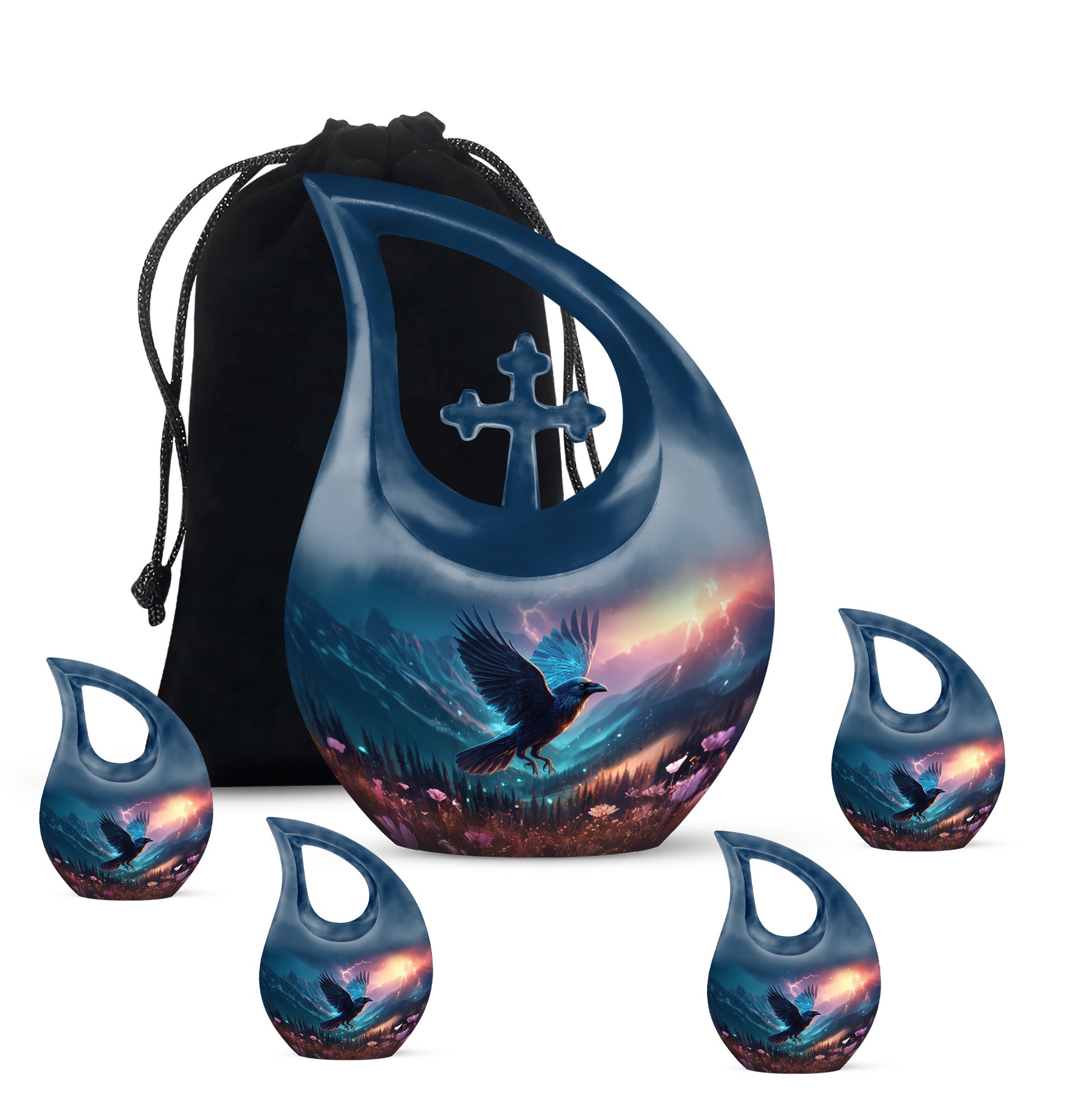 Misty Blue Crow Cremation Urn urn with complimentary velvet bag - sacred cross merged with crow motif on metal - memorial set with one large and four small urns