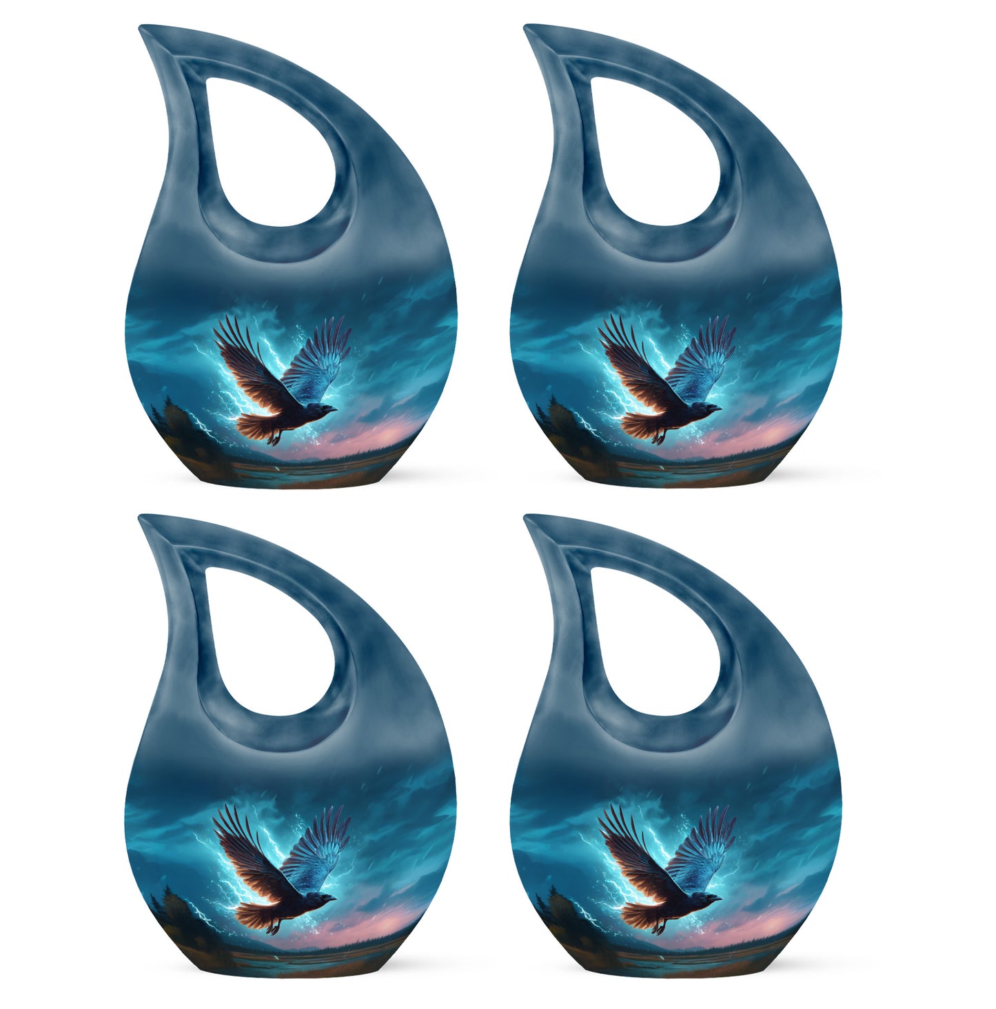 Sky Blue Crow Cremation Urn lifestyle display on memorial shelf - sacred cross merged with crow motif on metal - 10 inch aluminum urn for cremated remains
