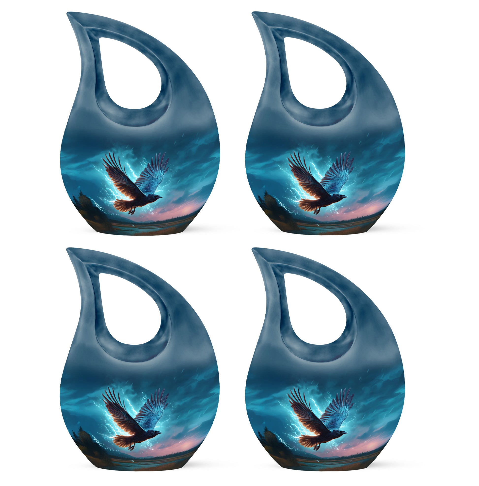 Sky Blue Crow Cremation Urn lifestyle display on memorial shelf - sacred cross merged with crow motif on metal - 10 inch aluminum urn for cremated remains