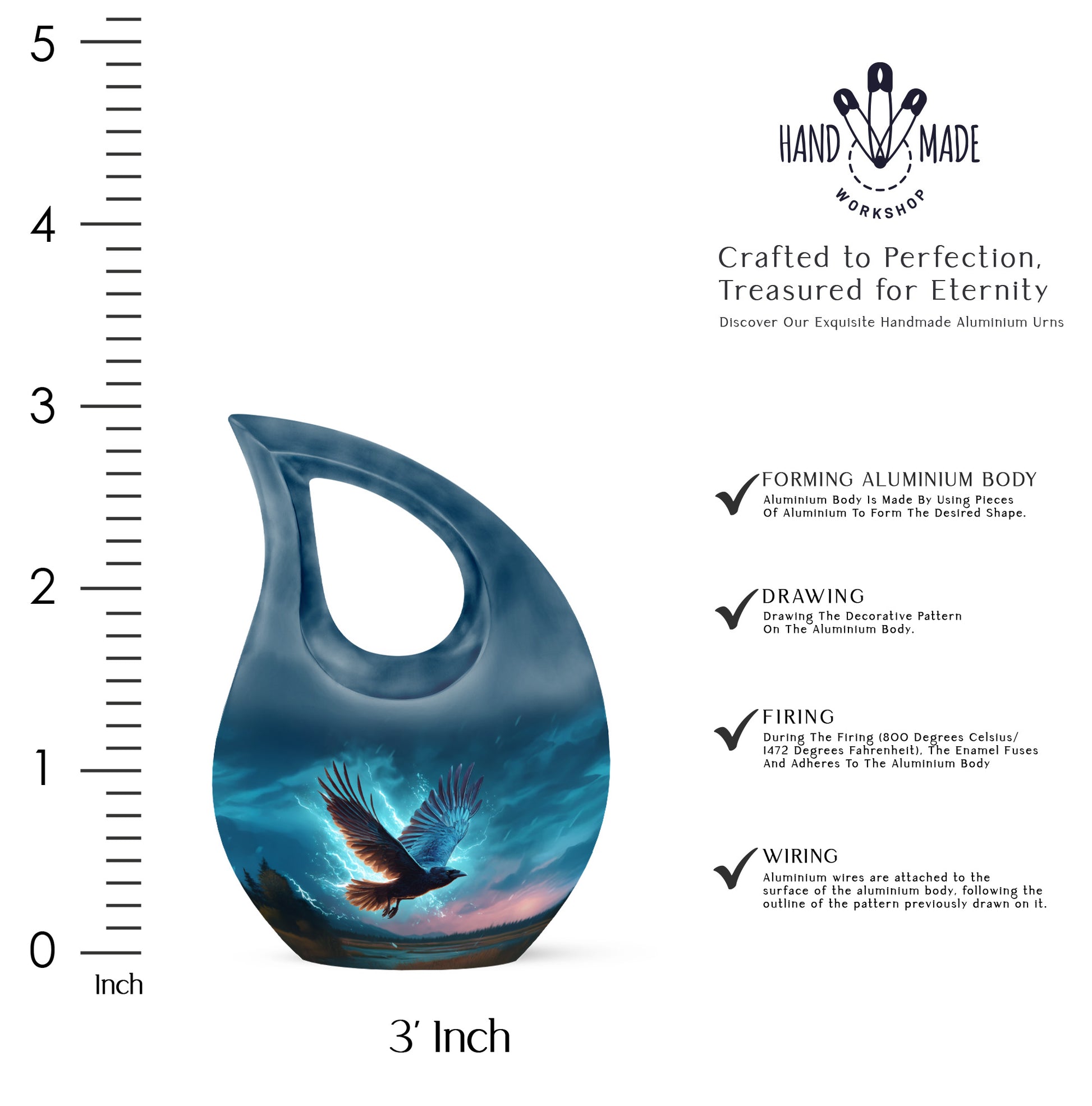 Twilight Blue Crow Cremation Urn back view with polished surface - faith-inspired cross-drop urn with crow pattern - mini keepsake memorial for portion of cremation ashes