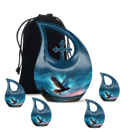 Bright Blue Crow Cremation Urn urn with complimentary velvet bag - faith-inspired cross-drop urn with crow pattern - memorial set with one large and four small urns