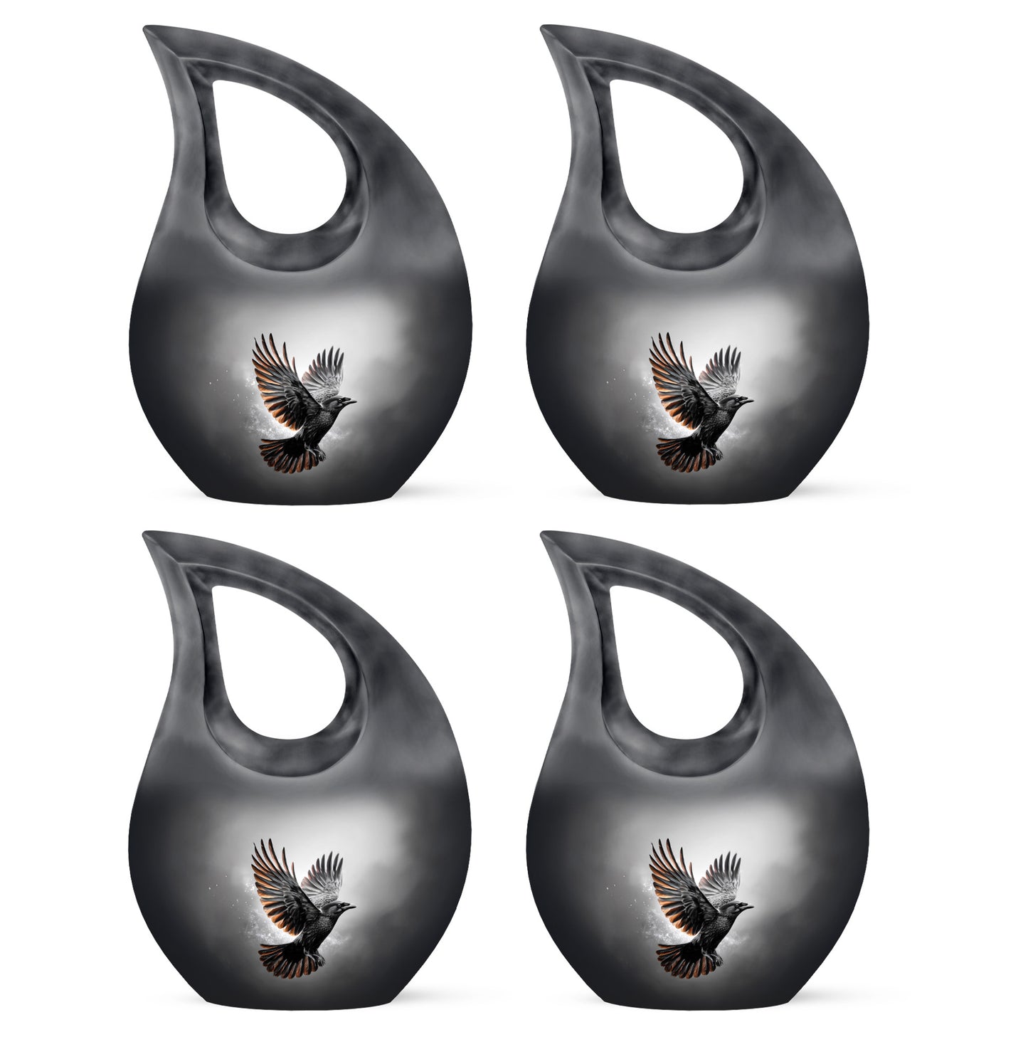 Charcoal Black Crow Cremation Urn lifestyle display on memorial shelf - devotional cross-drop crow engraving - 10 inch aluminum urn for cremated remains