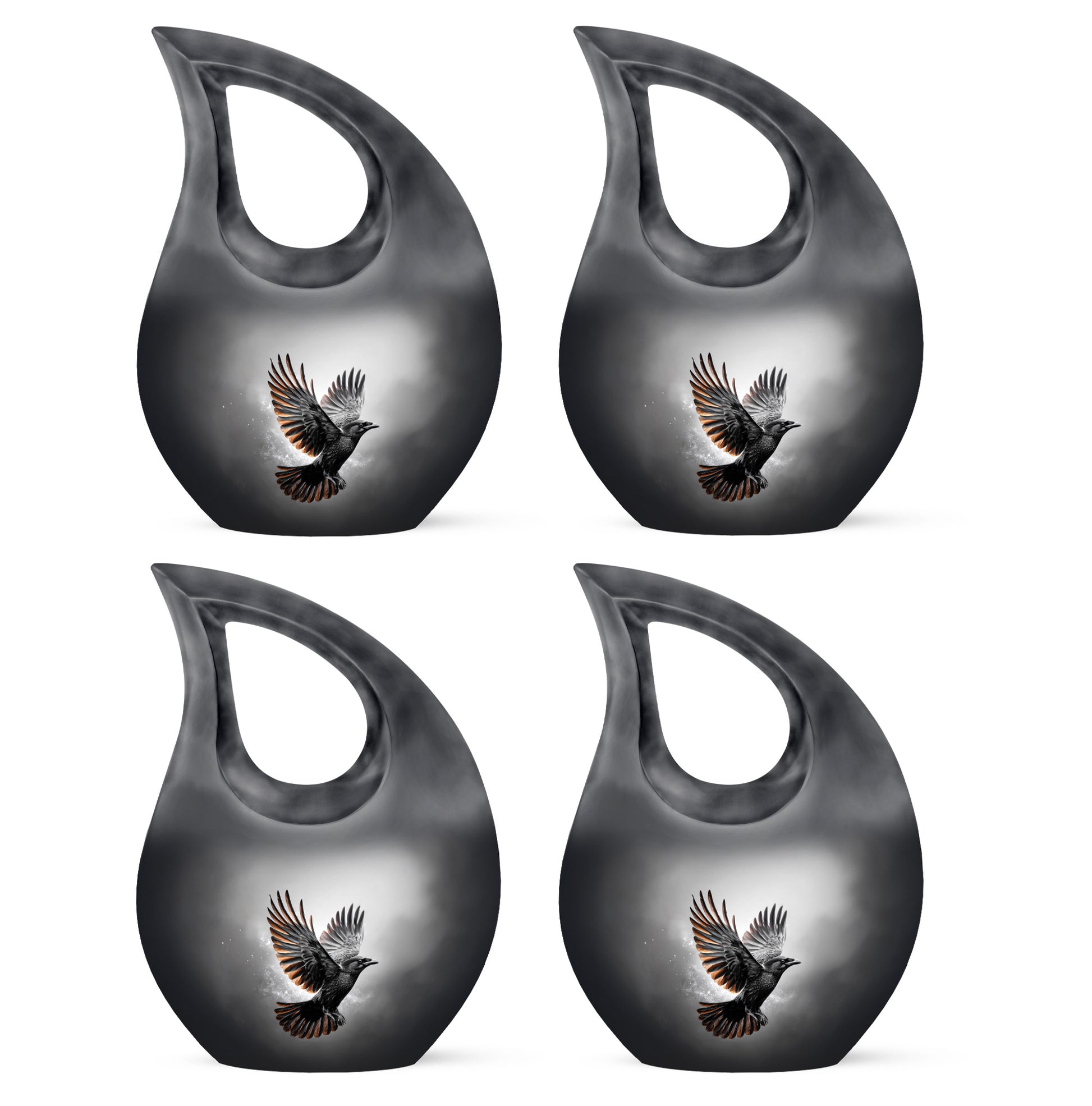 Charcoal Black Crow Cremation Urn lifestyle display on memorial shelf - devotional cross-drop crow engraving - 10 inch aluminum urn for cremated remains