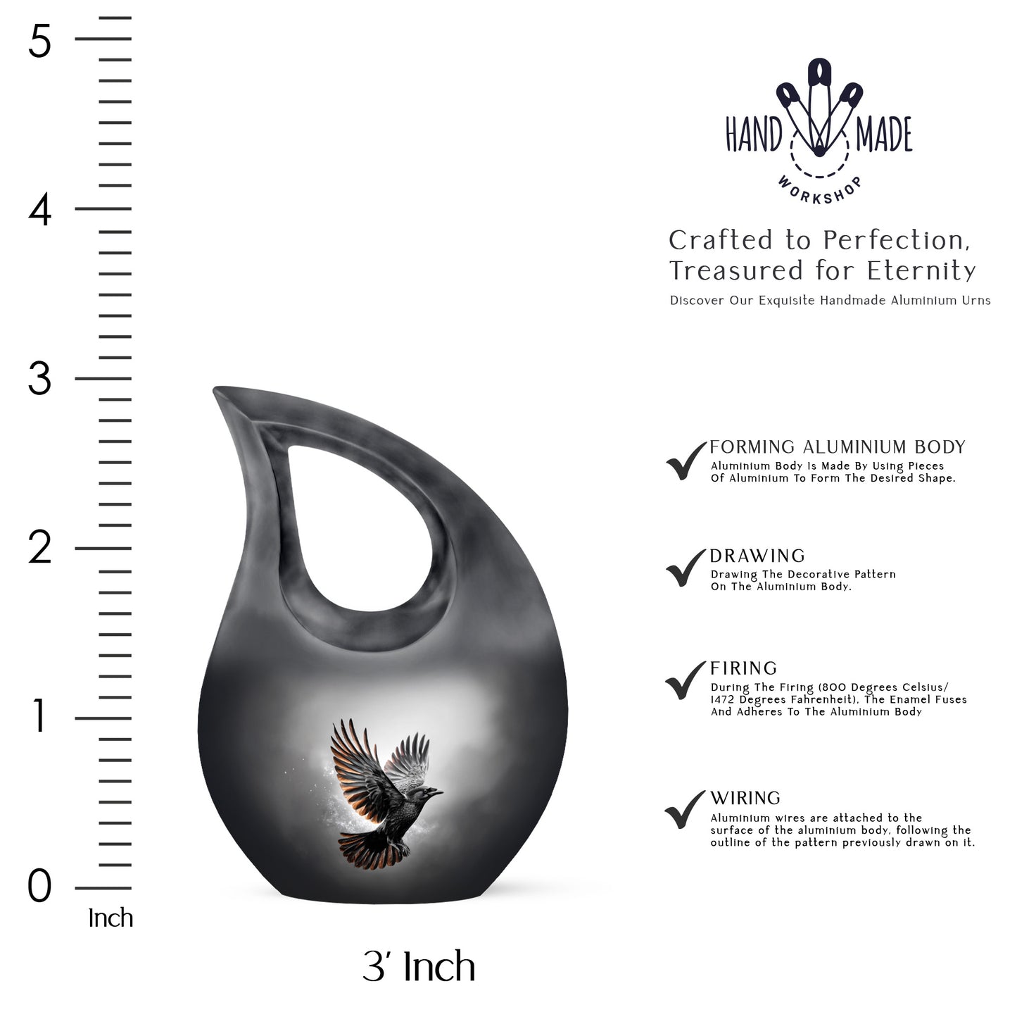 Dark Black Crow Cremation Urn back view with polished surface - faith-inspired cross-drop urn with crow pattern - mini keepsake memorial for portion of cremation ashes