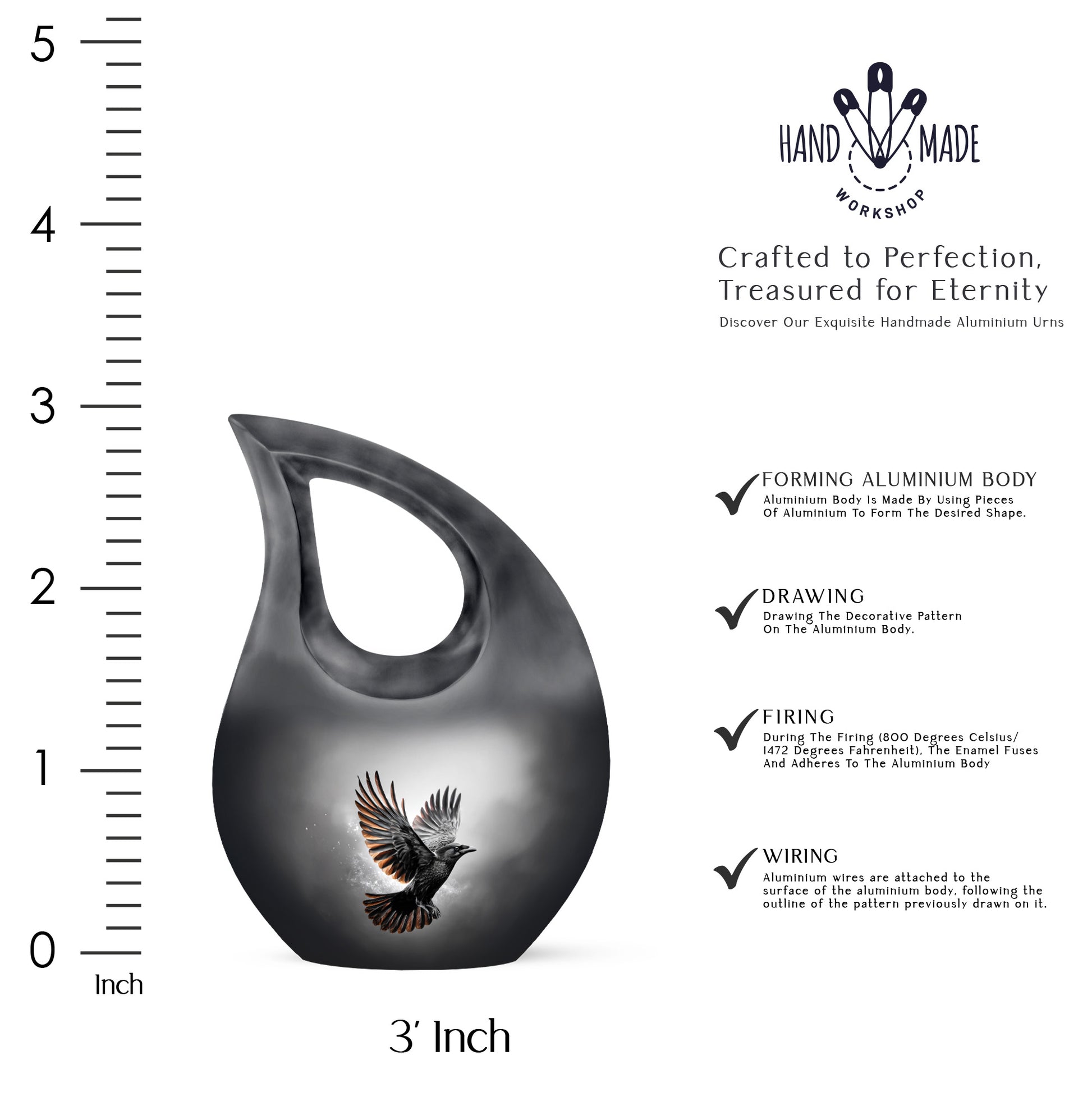 Dark Black Crow Cremation Urn back view with polished surface - faith-inspired cross-drop urn with crow pattern - mini keepsake memorial for portion of cremation ashes