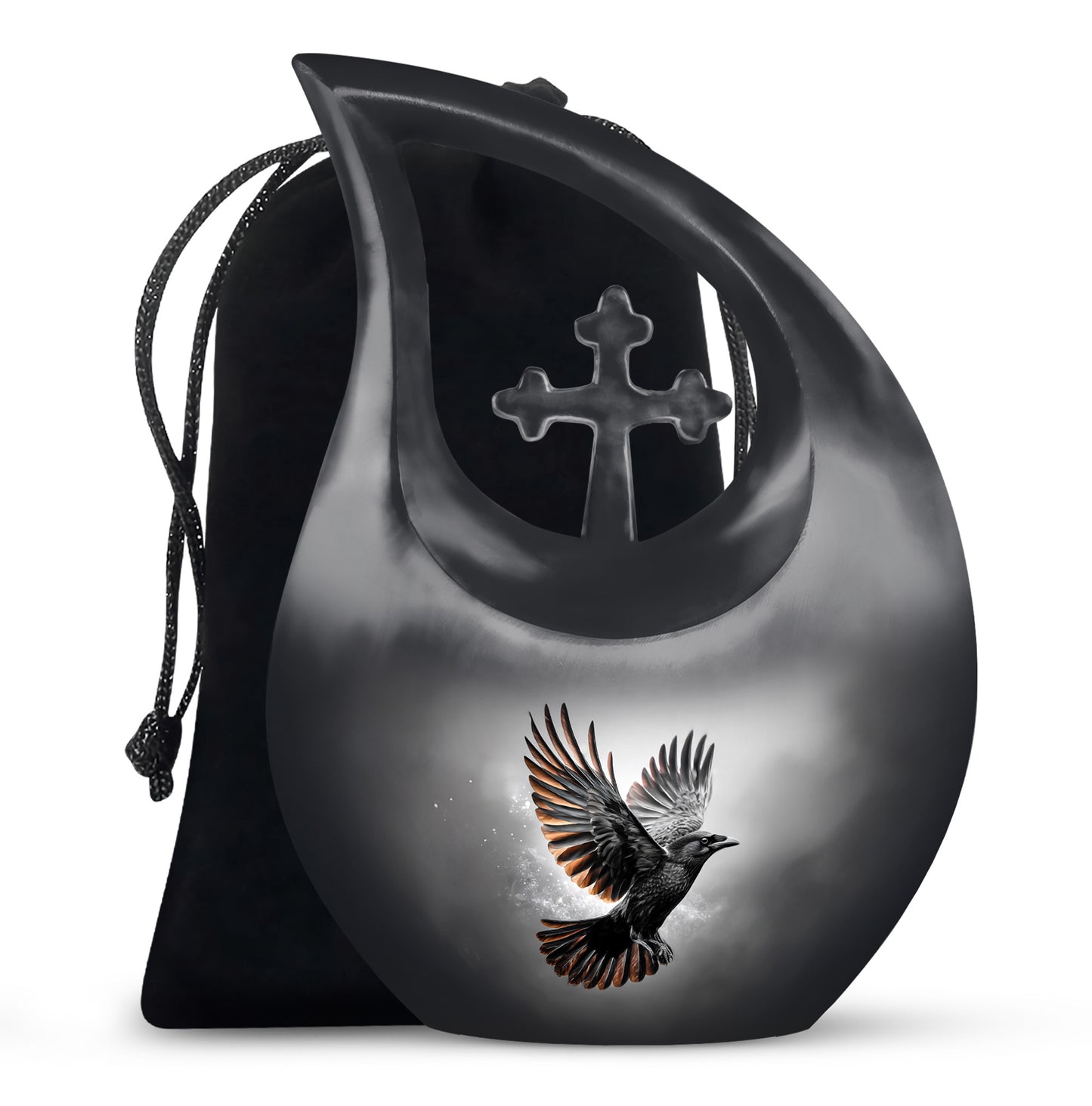 Midnight Black Crow Cremation Urn top-down view of secure threaded lid - faith-inspired cross-drop urn with crow pattern - full-size 10 inch 200 cubic inch adult cremation urn