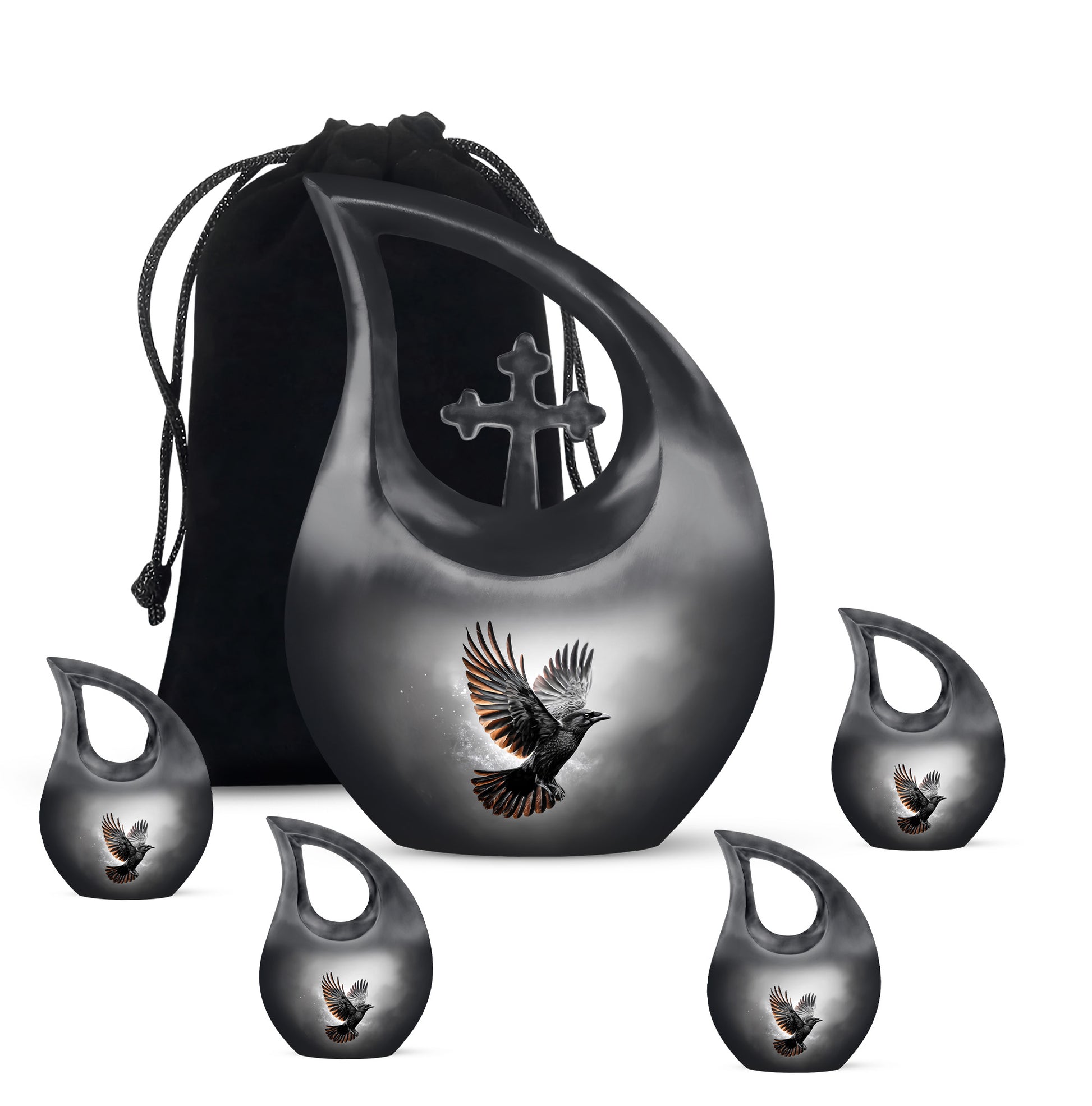Ebony Crow Cremation Urn urn with complimentary velvet bag - cross and crow combined in spiritual memorial design - memorial set with one large and four small urns
