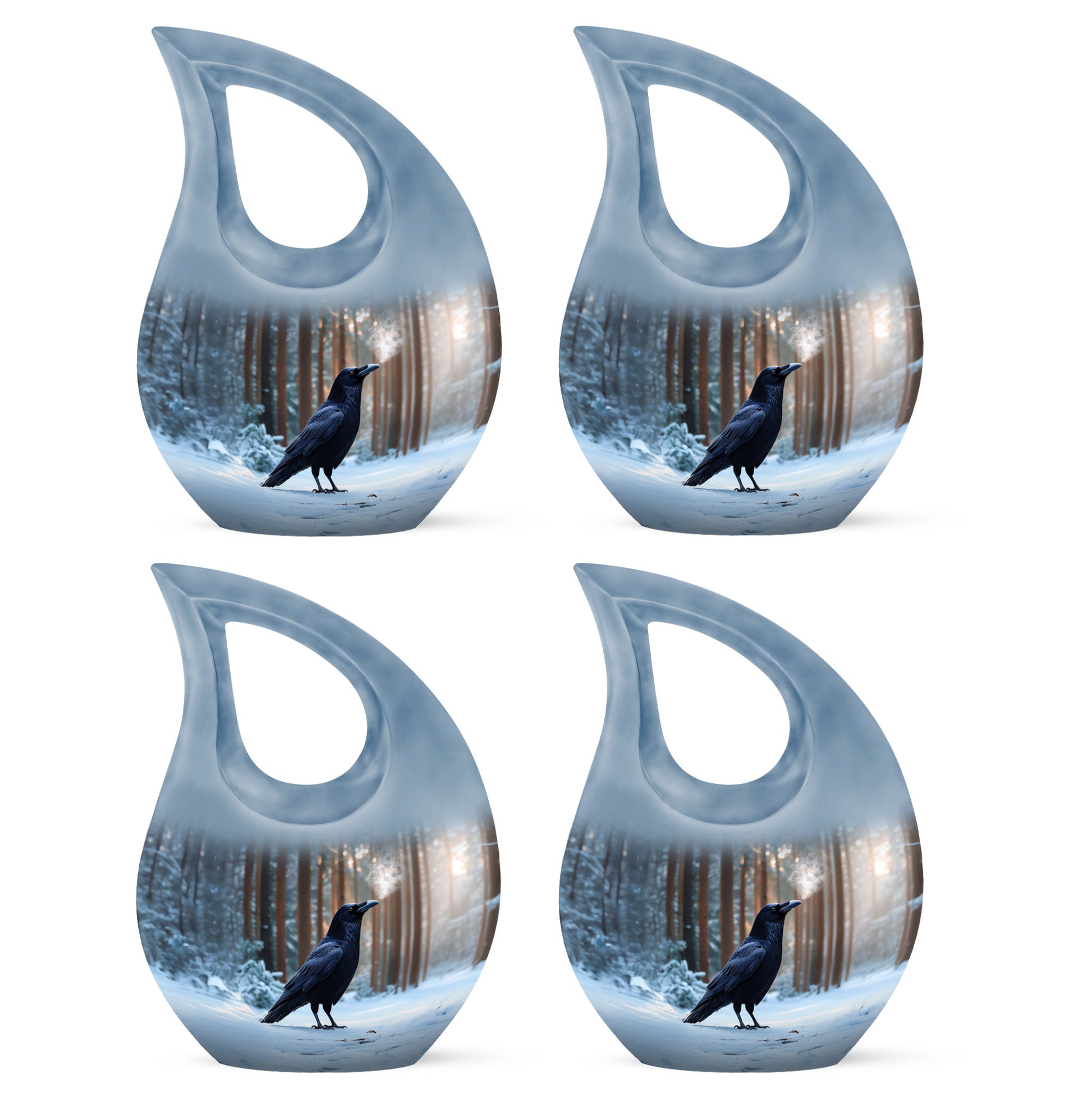 Pastel Blue Crow Cremation Urn lifestyle display on memorial shelf - sacred cross merged with crow motif on metal - 10 inch aluminum urn for cremated remains