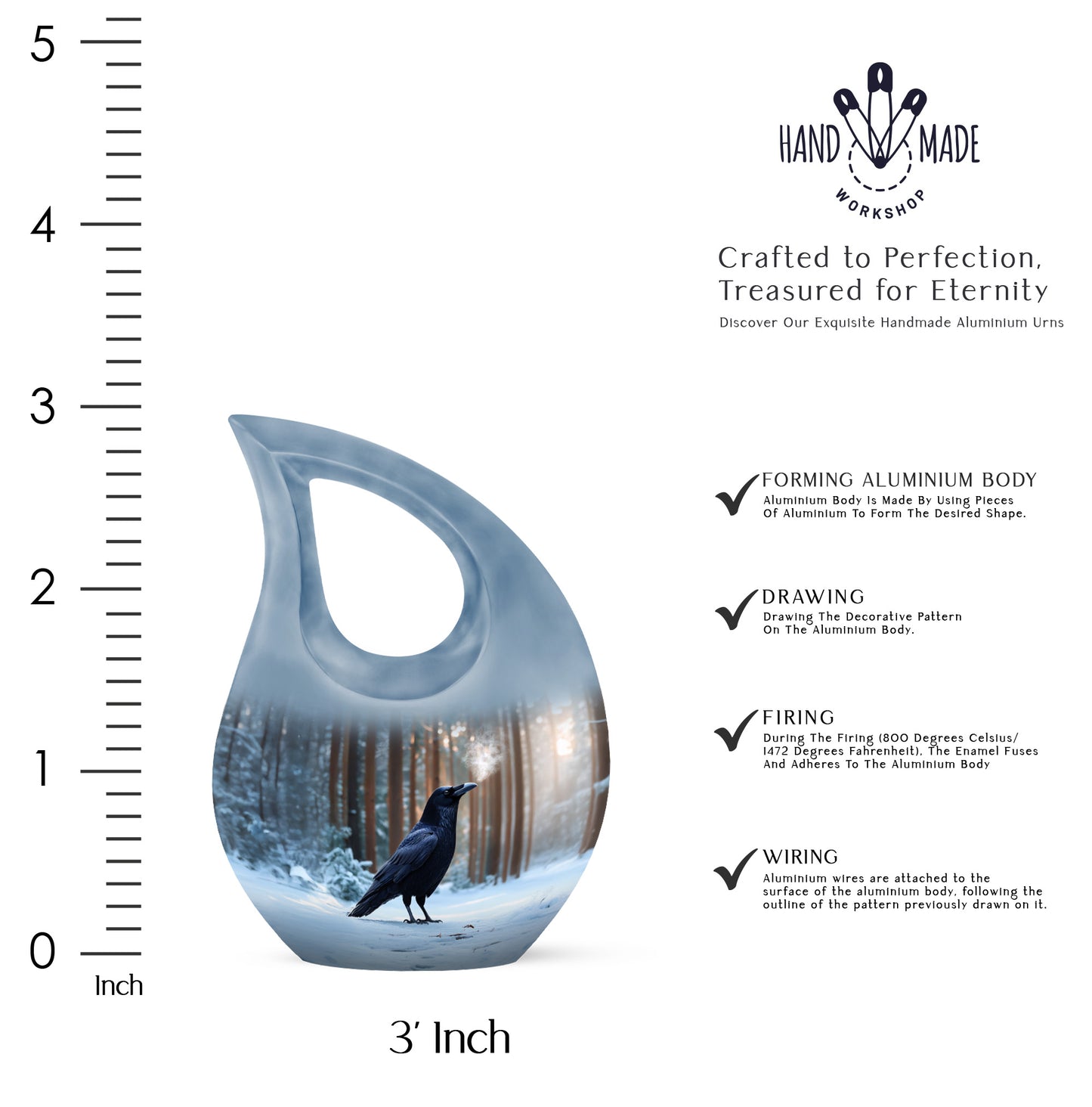 Pastel Blue Crow Cremation Urn back view with polished surface - sacred cross merged with crow motif on metal - mini keepsake memorial for portion of cremation ashes