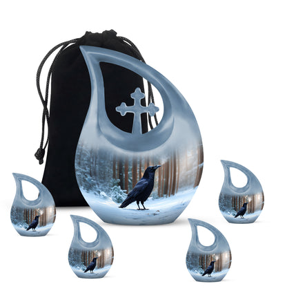 Bright Blue Crow Cremation Urn urn with complimentary velvet bag - faith-inspired cross-drop urn with crow pattern - memorial set with one large and four small urns