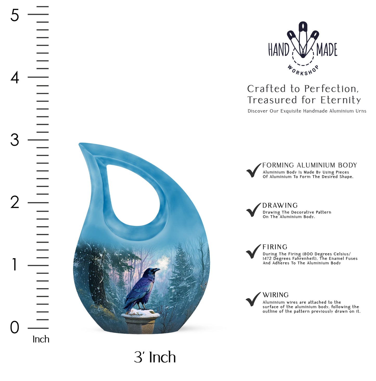 Bright Blue Crow Cremation Urn back view with polished surface - faith-inspired cross-drop urn with crow pattern - mini keepsake memorial for portion of cremation ashes
