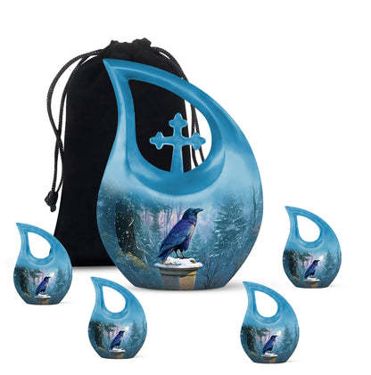 Sky Blue Crow Cremation Urn urn with complimentary velvet bag - cross and crow combined in spiritual memorial design - memorial set with one large and four small urns