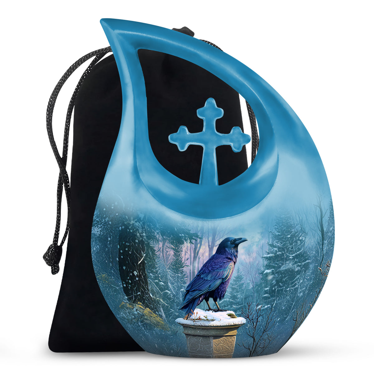 Pastel Blue Crow Cremation Urn top-down view of secure threaded lid - sacred cross merged with crow motif on metal - full-size 10 inch 200 cubic inch adult cremation urn