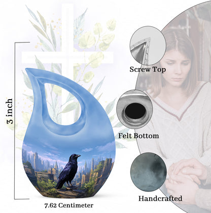 Misty Blue Crow Cremation Urn back view with polished surface - sacred cross merged with crow motif on metal - mini keepsake memorial for portion of cremation ashes