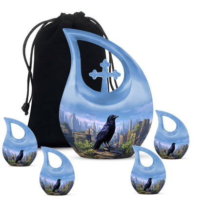 Indigo Crow Cremation Urn urn with complimentary velvet bag - cross and crow combined in spiritual memorial design - memorial set with one large and four small urns