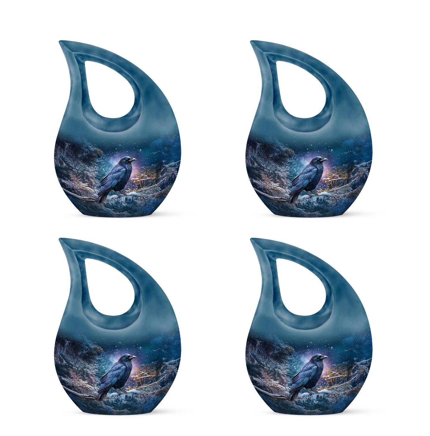 Serene Blue Crow Cremation Urn lifestyle display on memorial shelf - faith-inspired cross-drop urn with crow pattern - 10 inch aluminum urn for cremated remains