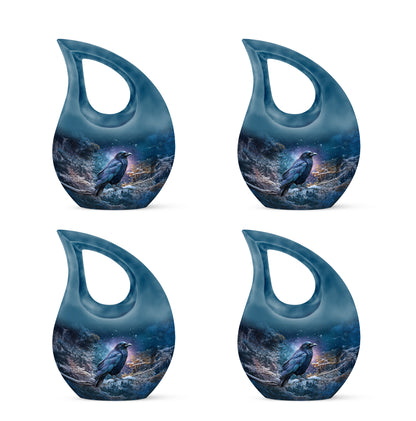Serene Blue Crow Cremation Urn lifestyle display on memorial shelf - faith-inspired cross-drop urn with crow pattern - 10 inch aluminum urn for cremated remains