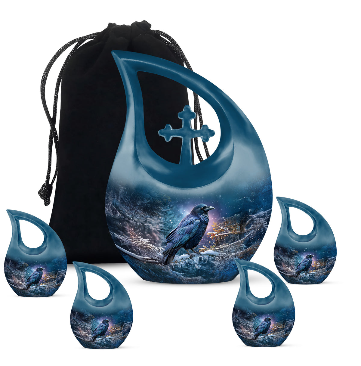 Slate Blue Crow Cremation Urn urn with complimentary velvet bag - sacred cross merged with crow motif on metal - memorial set with one large and four small urns