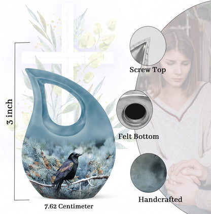 Cobalt Blue Crow Cremation Urn back view with polished surface - devotional cross-drop crow engraving - mini keepsake memorial for portion of cremation ashes