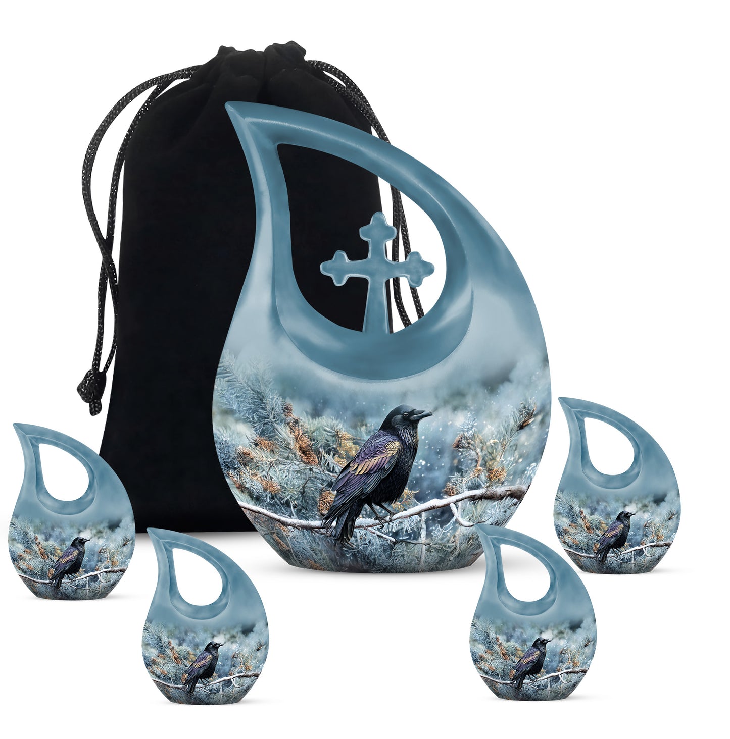 Powder Blue Crow Cremation Urn urn with complimentary velvet bag - sacred cross merged with crow motif on metal - memorial set with one large and four small urns