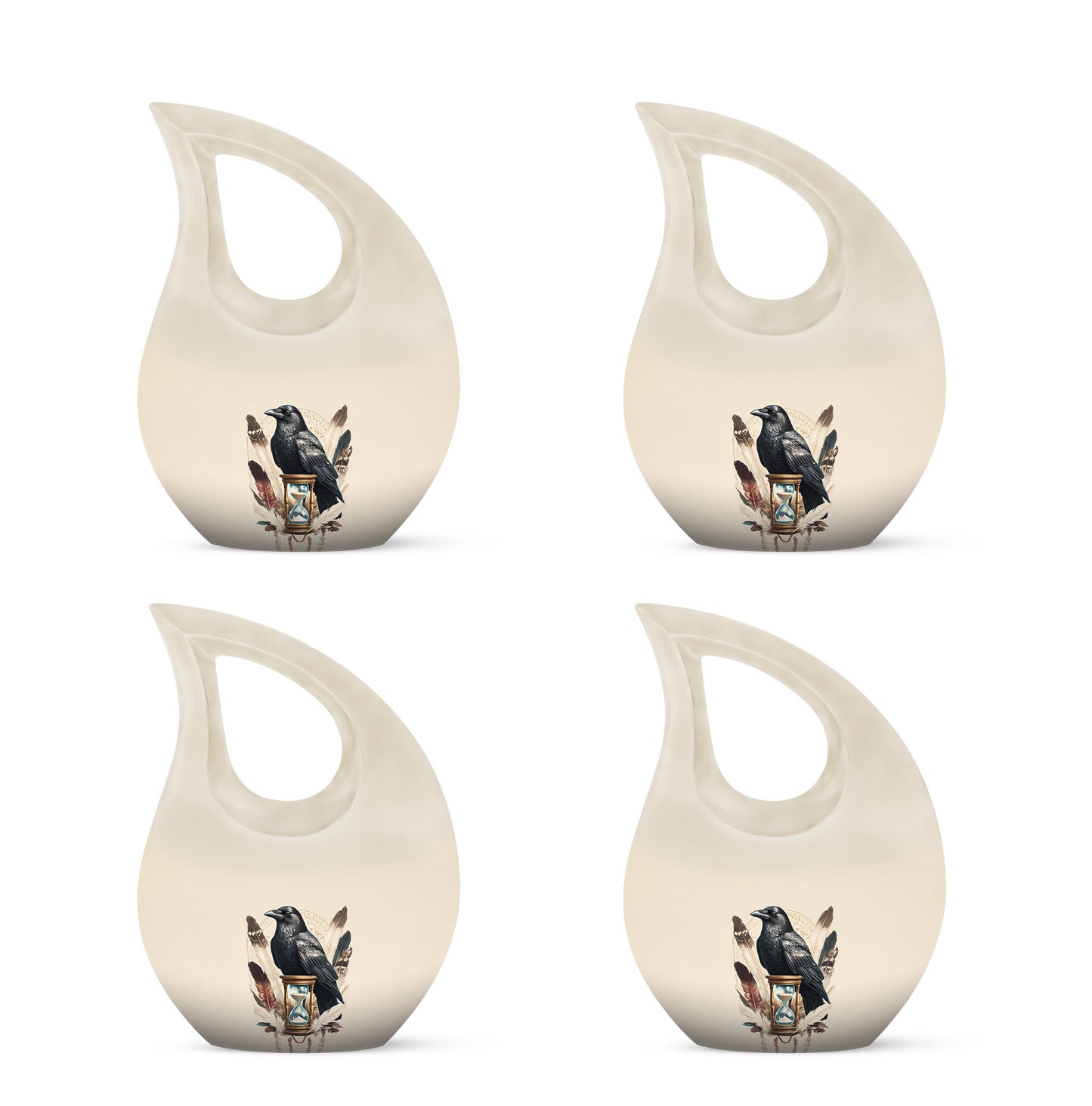 Silk White Crow Cremation Urn lifestyle display on memorial shelf - devotional cross-drop crow engraving - 10 inch aluminum urn for cremated remains