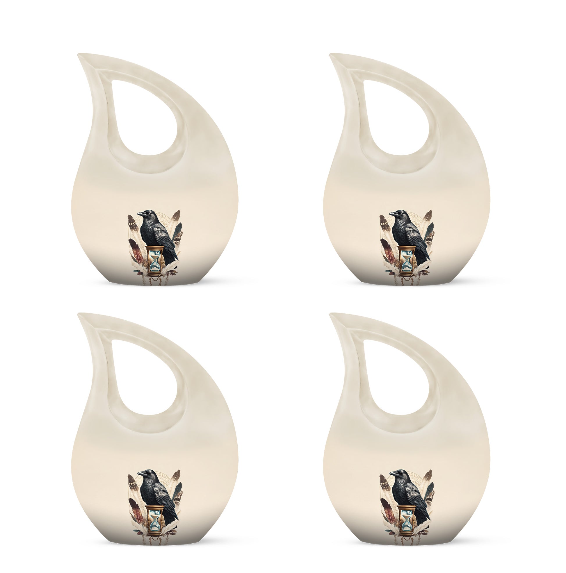 Silk White Crow Cremation Urn lifestyle display on memorial shelf - devotional cross-drop crow engraving - 10 inch aluminum urn for cremated remains