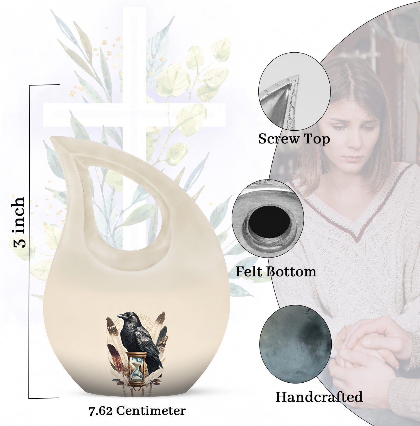 Cream White Crow Cremation Urn back view with polished surface - faith-inspired cross-drop urn with crow pattern - mini keepsake memorial for portion of cremation ashes