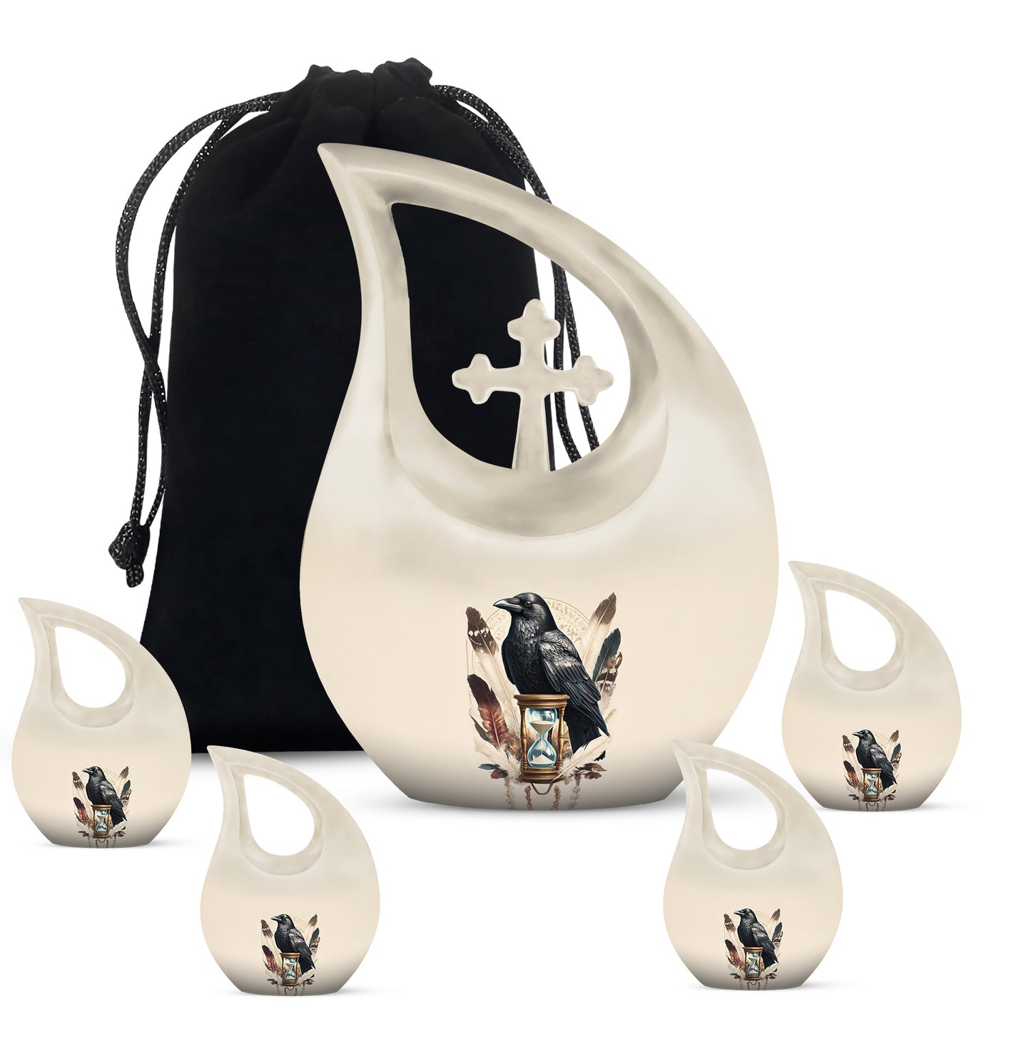 Porcelain White Crow Cremation Urn urn with complimentary velvet bag - devotional cross-drop crow engraving - memorial set with one large and four small urns