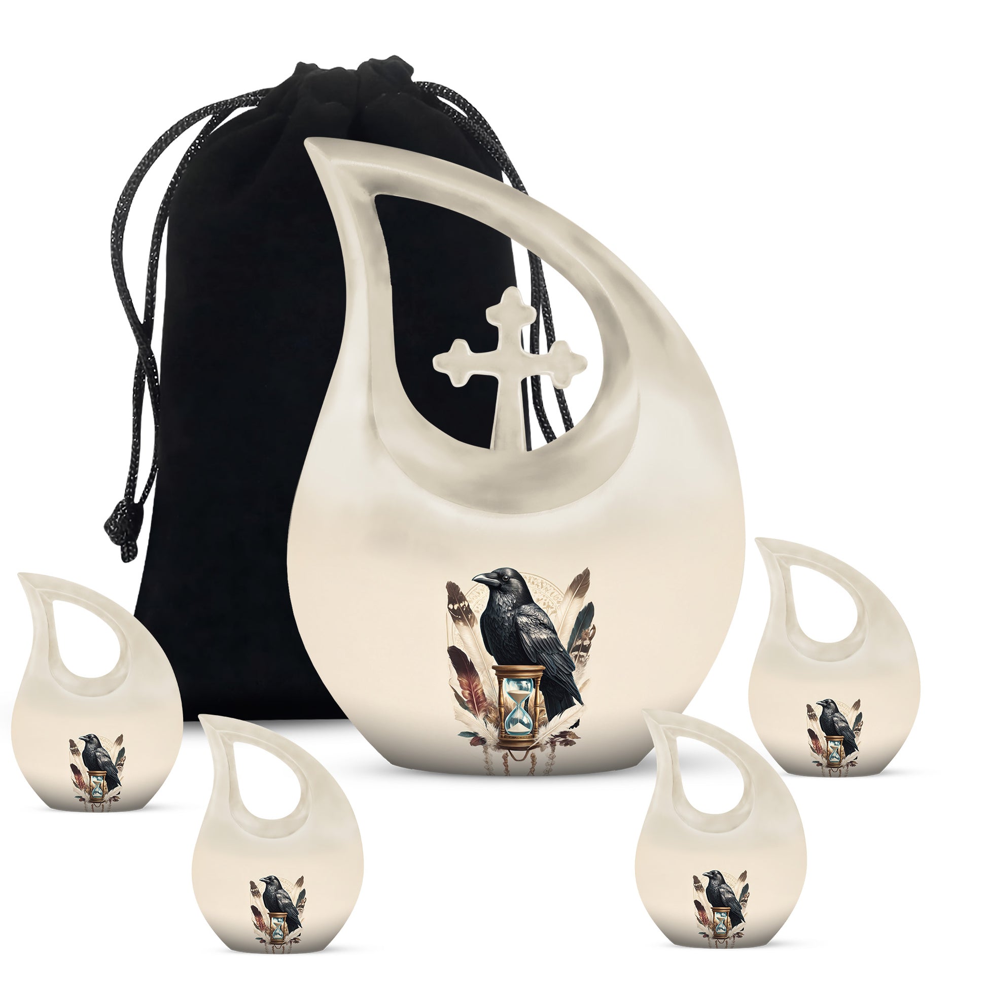 Porcelain White Crow Cremation Urn urn with complimentary velvet bag - devotional cross-drop crow engraving - memorial set with one large and four small urns