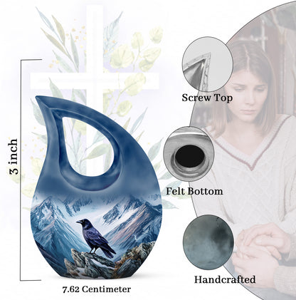 Indigo Crow Cremation Urn back view with polished surface - cross and crow combined in spiritual memorial design - mini keepsake memorial for portion of cremation ashes